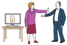 Datenschutz: Eine Frau hält einen Mann von einem Computer ab. Auf dem Computer sieht man ein Schloss. Das heißt: Die Daten auf dem Computer sind geheim.