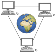 Drei Computer sind weltweit miteinander verbunden durch das Internet.