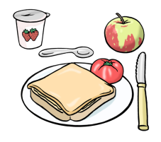 Joghurtbecher, Apfel, Teller mit Toastbrot und Tomate