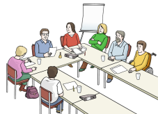 Eine Gruppe von Menschen reden in einer Sitzung.