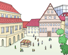 Stadtzentrum mit Marktplatz und Menschen